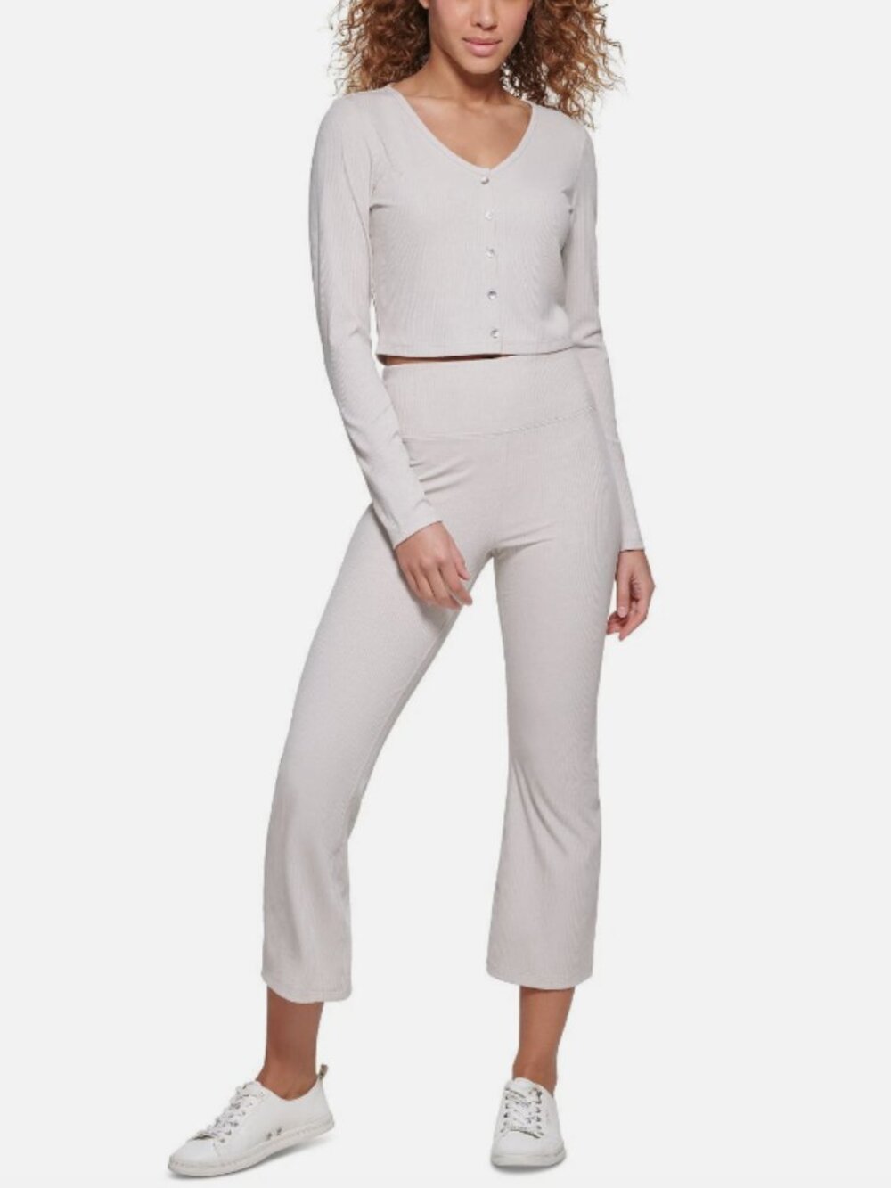 Calvin Klein Women's Slim-Fit Cardigan Cropped Top Ribbed Shirt Beige L/XL